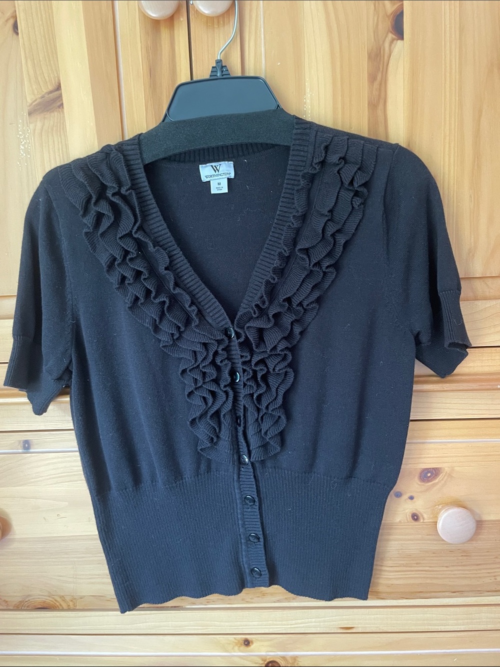 Worthington Black Ruffled V-Neck Short Sleeve Cardigan